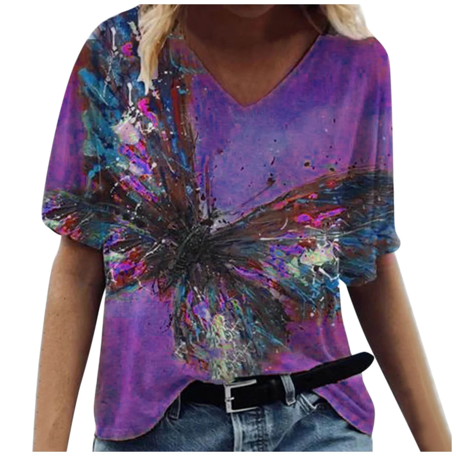 

Plus Size 4XL Casual Color Graffiti Print T-shirt Women Loose V-neck Short Sleeve T-shirt