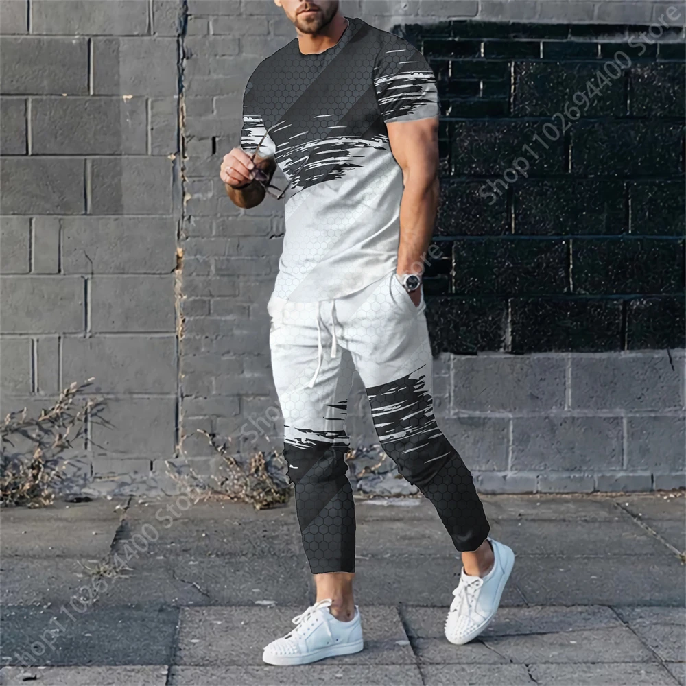 2023 New Men's Trousers Tracksuit 2 Piece Set Fashion Colour Print Summer Short Sleeve T Shirt+Long Pants Street Unisex Clothes