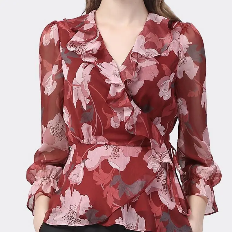 Женская Асимметричная Блузка с оборками элегантная винтажная блузка V-образным