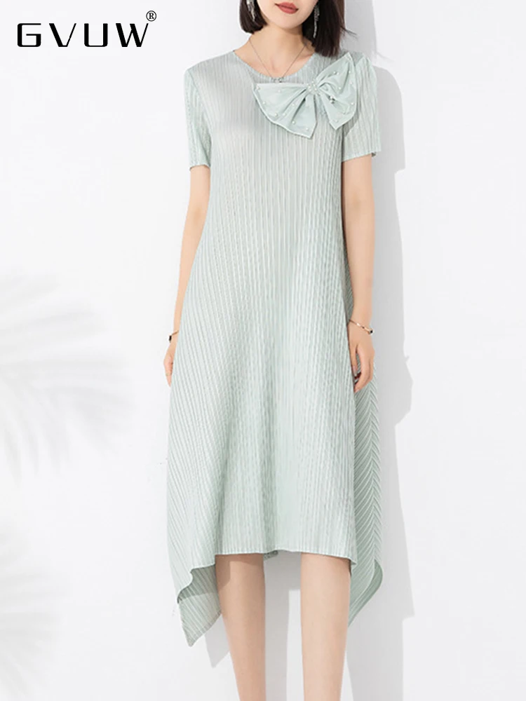 

GVUW Appliques Pleated Dress For Women Round Collar Beading Short Sleeve Solid 2023 Summer Female Fashion New Clothing 17J1424