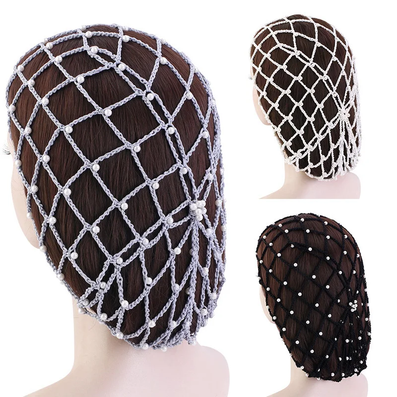

Women Ladies Soft hand crocheted pearls Hair Net Crochet Hair Net Hot Sale Accessories Cheveux Femme DIY Styling Tool