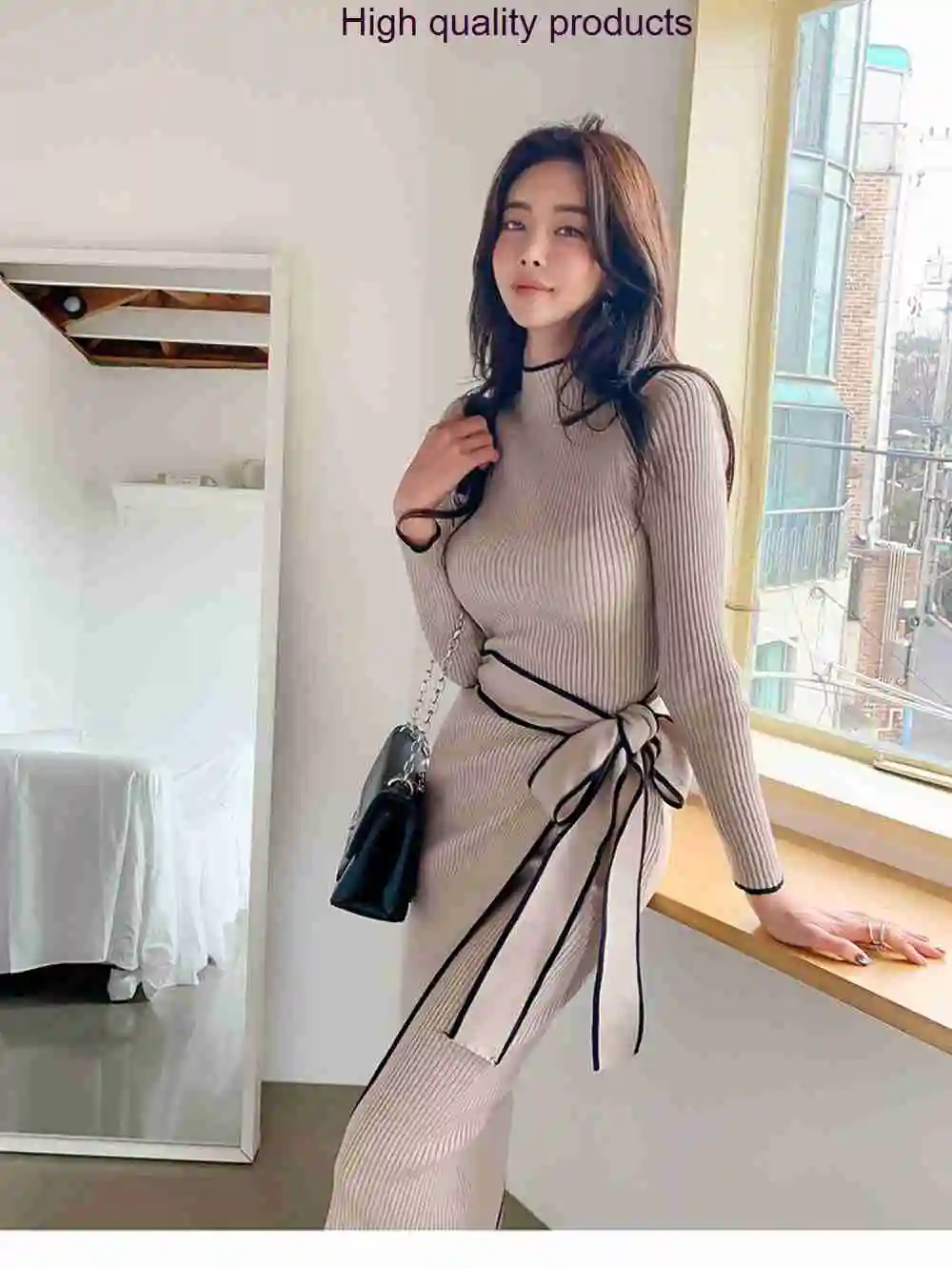 

Новинка Весна 2023 женское платье с длинным рукавом на шнуровке эластичные облегающие Модные Элегантные вязаные платья Z247