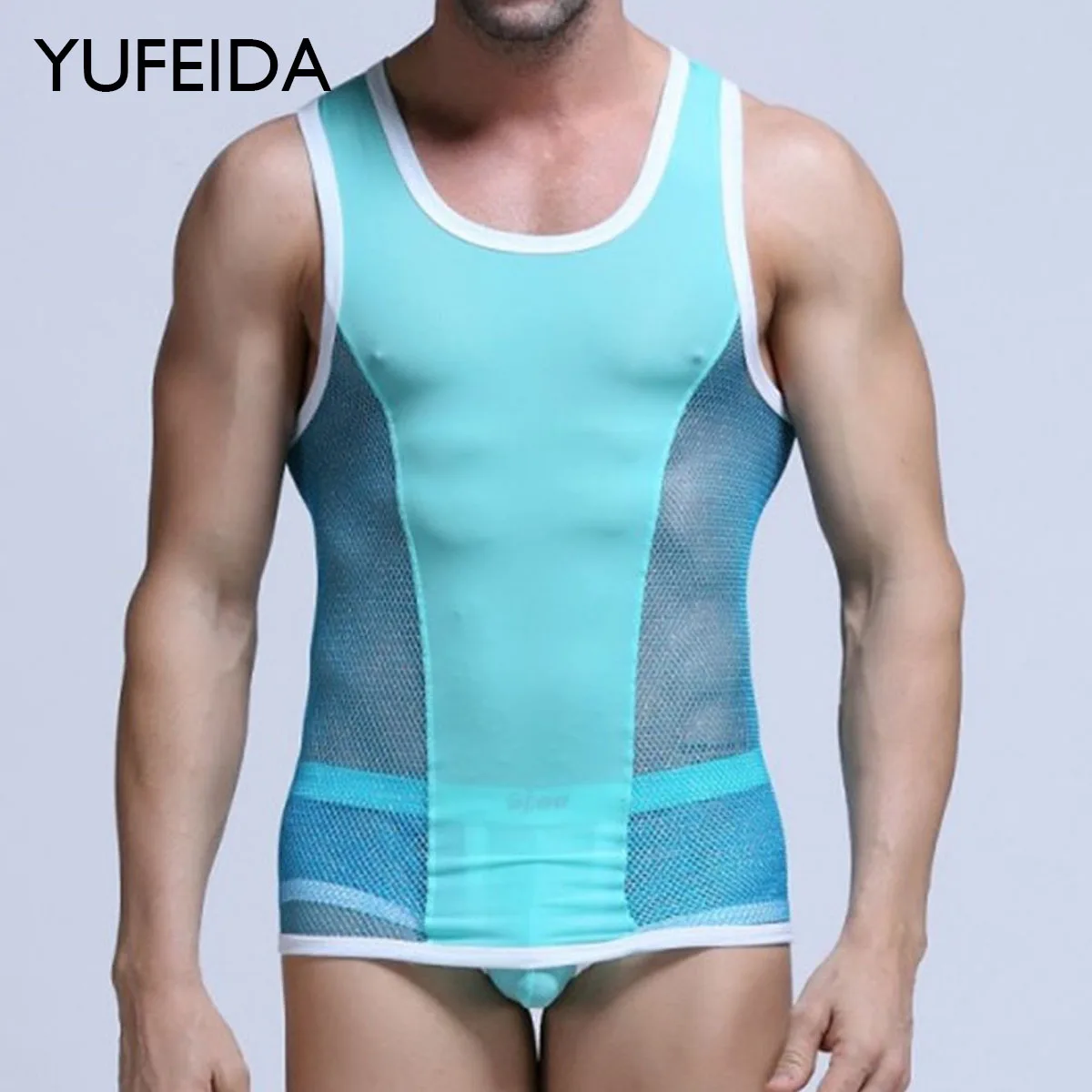 

YUFEIDA Transparent Mesh Sheer Men Tank Top Sleeveless Undershirt Vest See Through Fishnet Muscle Bodybuilding Vest Shorts Sets