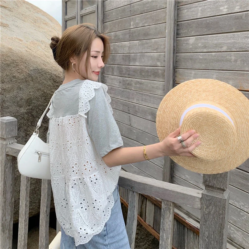 

Женская свободная футболка с коротким рукавом, контрастный кружевной топ в Корейском стиле, лето 2022