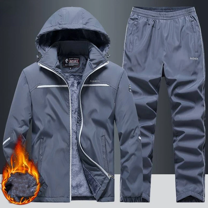 

New Causal Tracksuits Men Set hooded Thicken Fleece Hoodies + Sweatpant Winter Sweatshirt Sportswear Male joggering sport suit