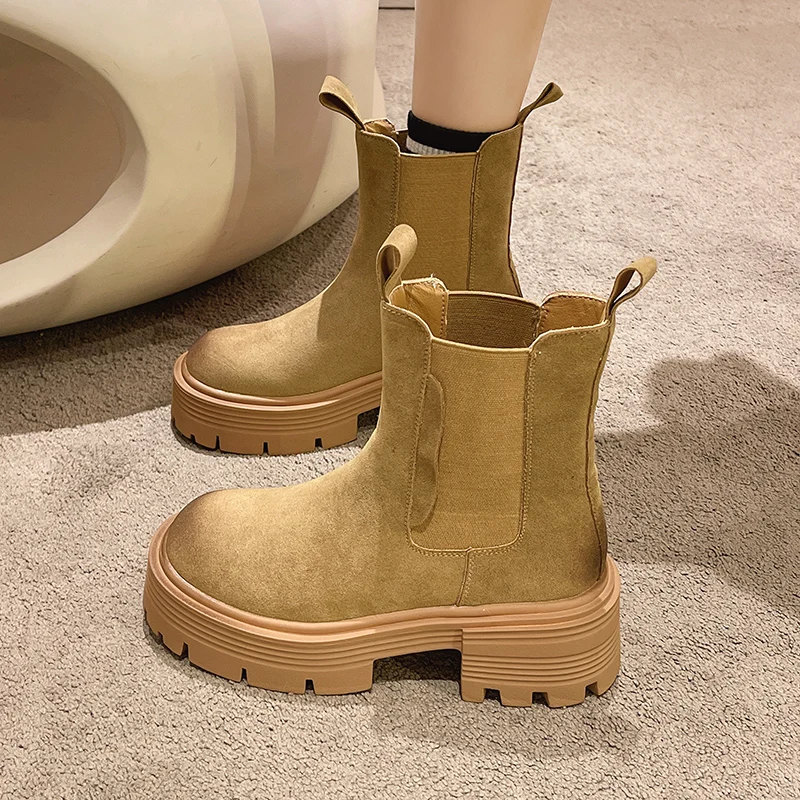 

Shoes Med Heel Boots Boots-Women Luxury Designer Round Toe Chelsea 2022 Ladies Lolita Fashion Ankle Autumn Flat Cotton Fabric C