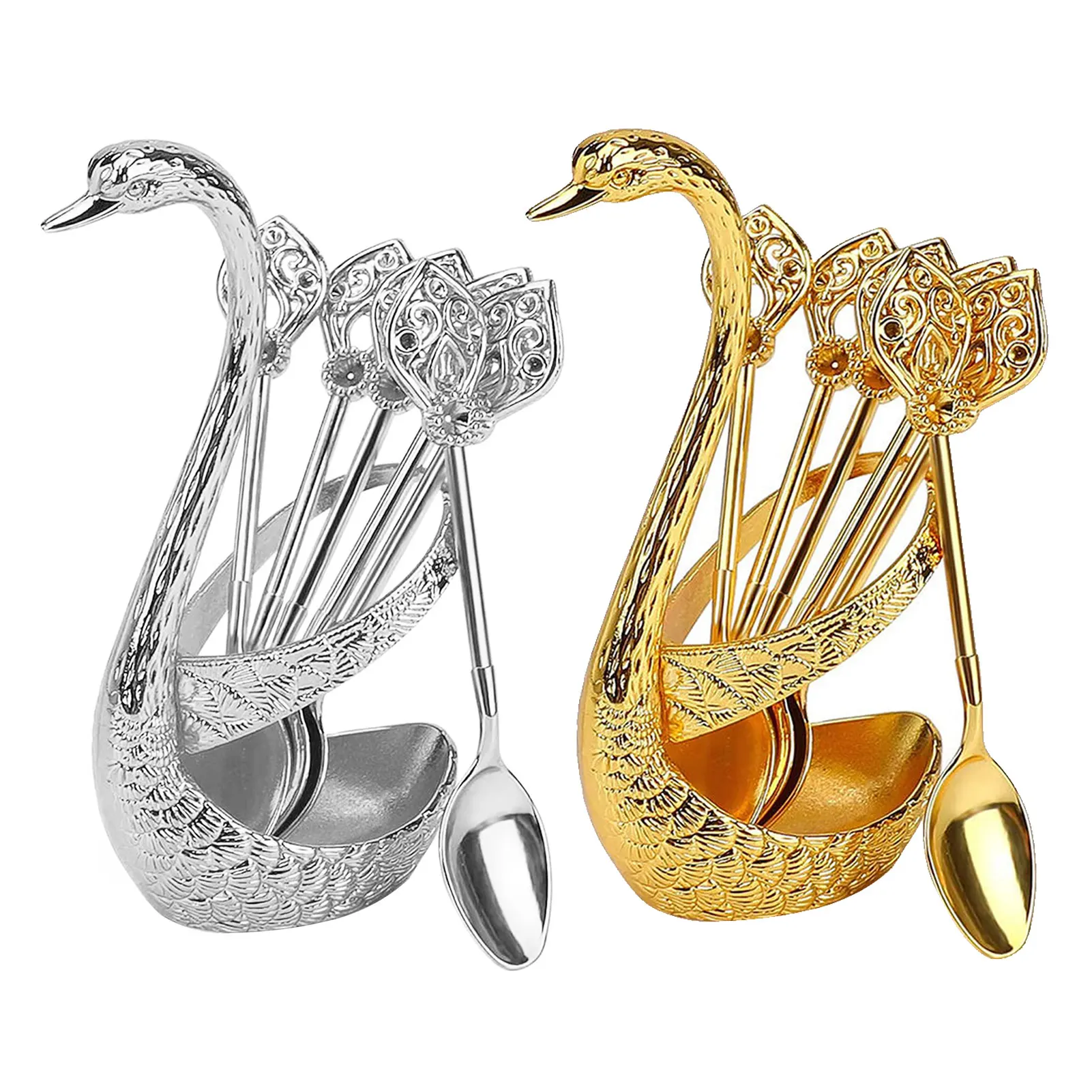 

Luxury Metal Coffee Dessert Spoon Set Swan Base Holder With 6pcs Ice Cream Spoons Forks Teaspoons Dessert Sugar Salad Flatware