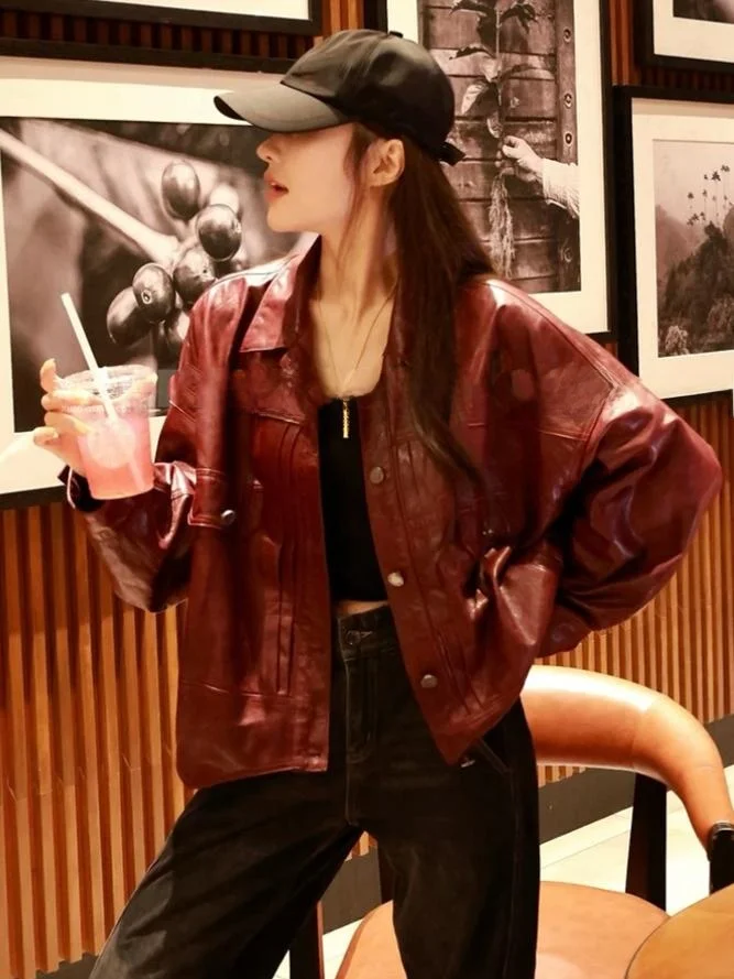 2024 новое однотонное пальто из натуральной кожи верхняя одежда мотоциклетный