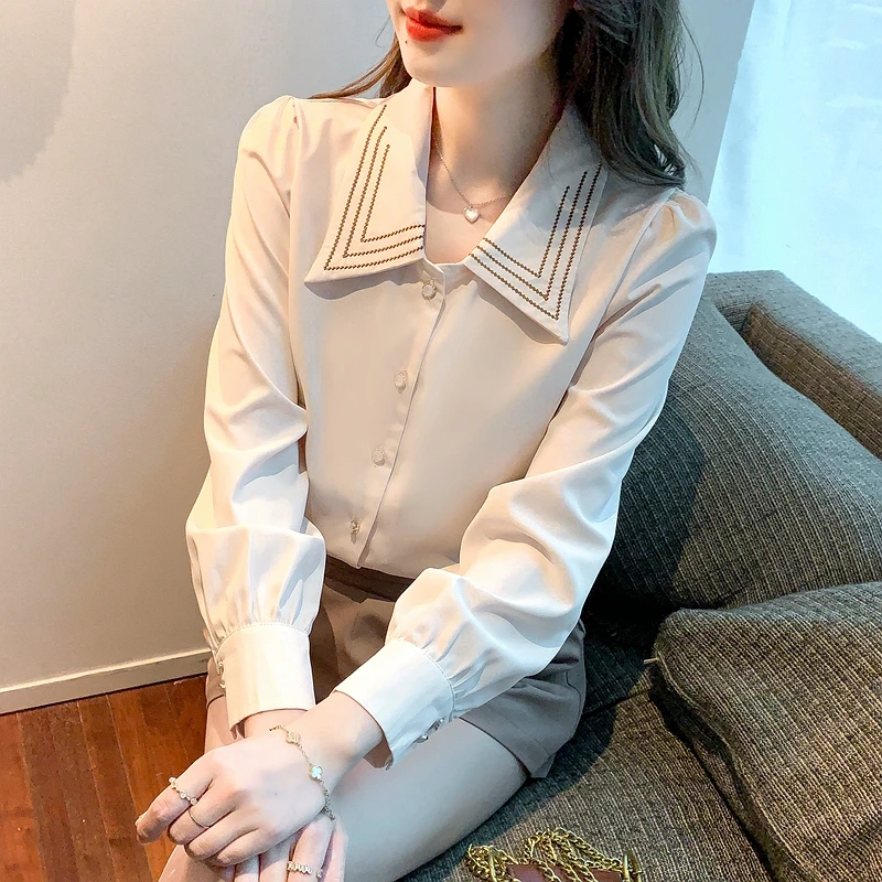 

Embroidery Women's Shirts Summer 2023 New Chiffon Blouses Loose Long Sleeves Casual Top Ladies Solid Clothing YCMYUNYAN