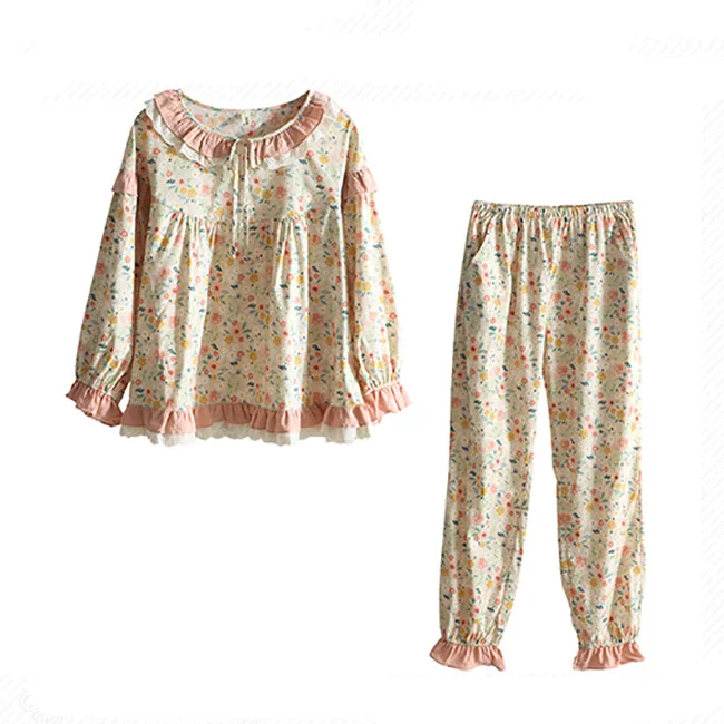 Women Cute Floral Lace Pajama Sets.Vintage Ladies Girl's Long sleeve Princess Pyjamas Set.Flowers Sleep Loungewear Nightclothes