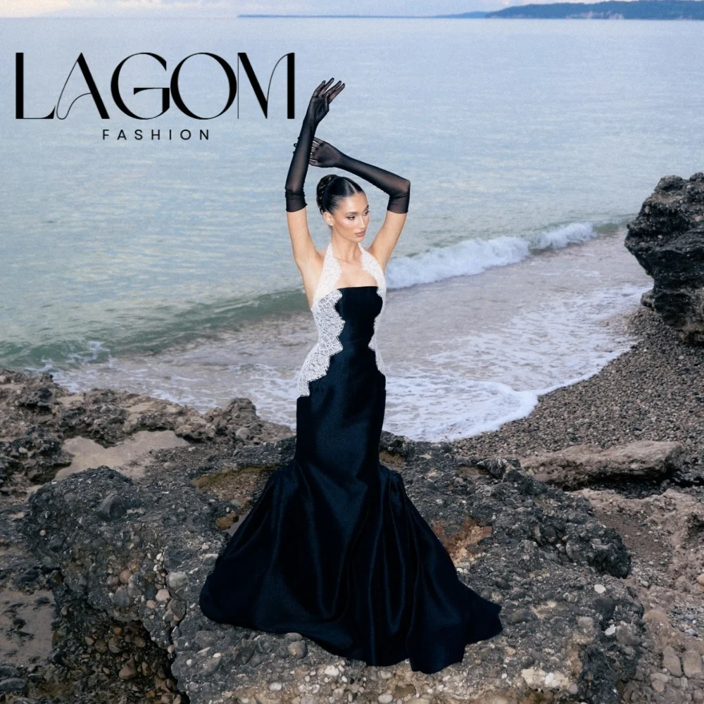 Фото Изысканное кружевное вечернее платье Lagom с вырезом халтер, черное, на заказ, элегантное, для вечеринок, новое, А-силуэт, 2026, Шарон Саид №1