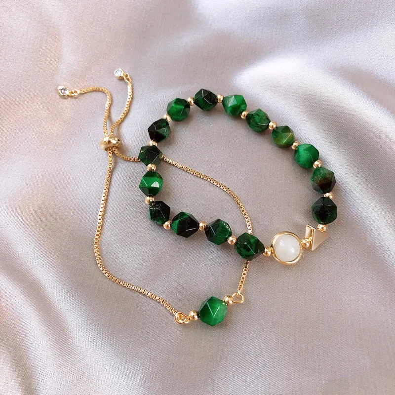 

Set Light Luxury Green Gem Stone Tiger;s Eye Bracelet Female Korean Version Simple Personality Niche Design Bracelet Adjustable