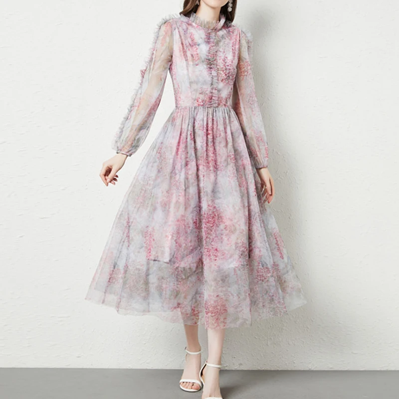 

Runway Designers Dress Women 2022 Summer Vintage Elegant Ruffles Long Sleeve Pleated Dress Vestido Midi