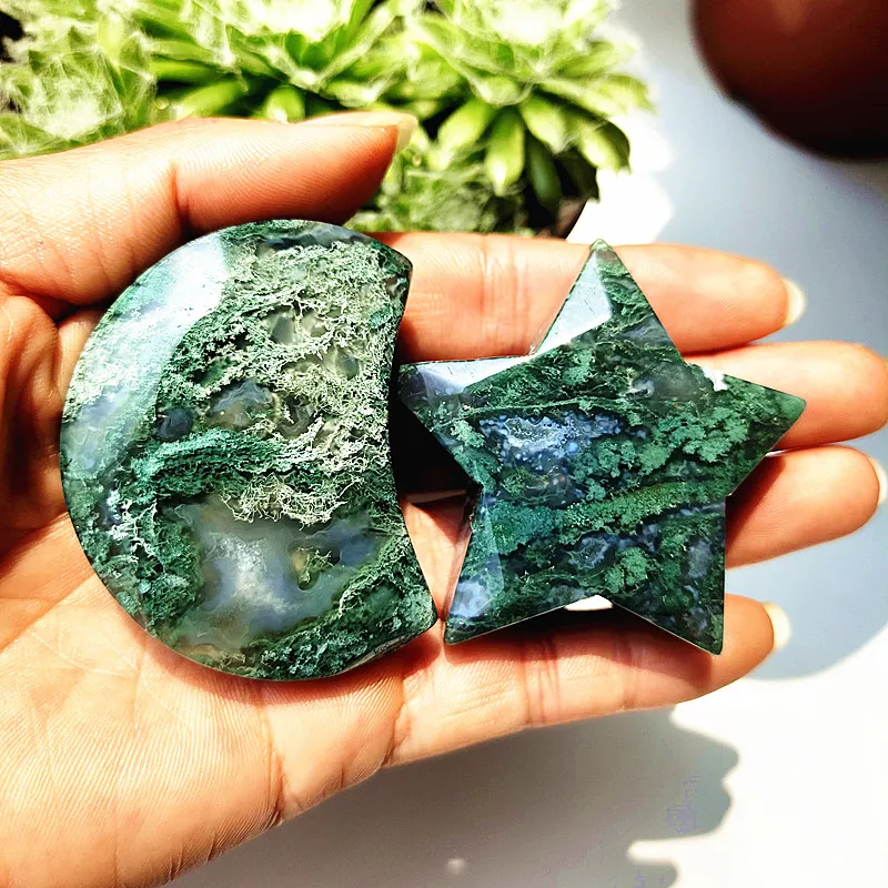 Natural Moss Agate Green Purple Grass Agate The Moon And The Pentacle Of Love Spiritual Meditation Healing Crystal Home Ornament