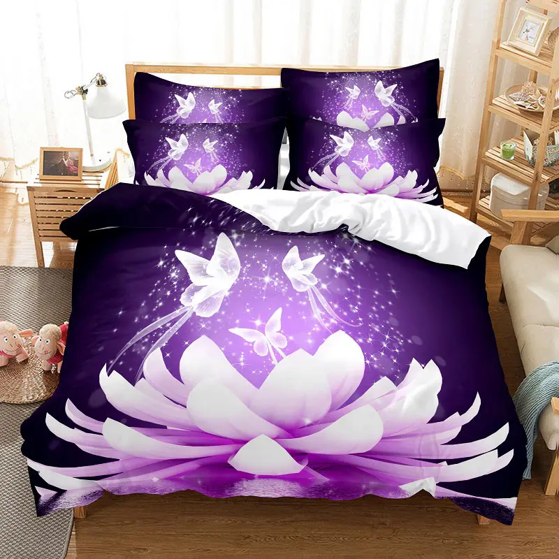 

Фиолетовый Комплект постельного белья из полиэстера, пододеяльник, пододеяльник, одеяло, покрывало, покрывало с 3D рисунком лаванды, бабочки...