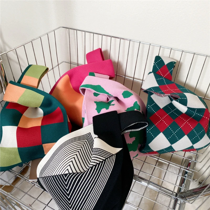

New Handmade Knit Handbag Women Mini Knot Wrist Bag Japanese Casual Wide Stripe Plaid Tote Bag Student Reusable Shopping Bags