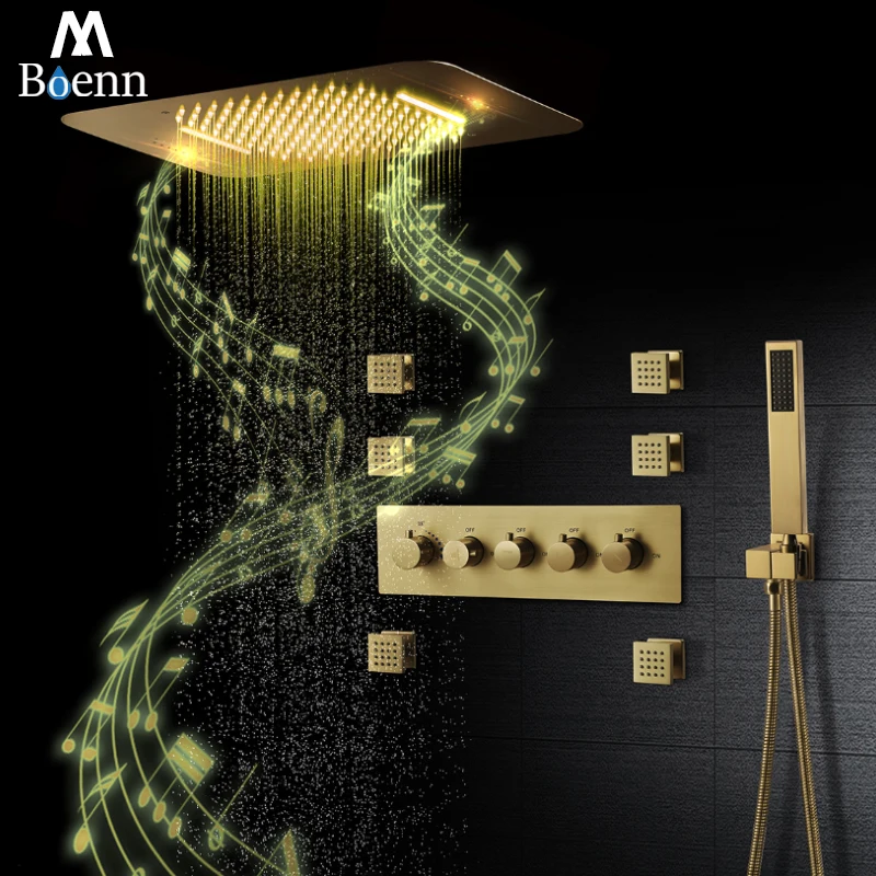 

M Boenn Brushed Gold Thermostatic Modern Smart Shower System Rain Music ShowerHeads Brass Large Flow Controller Bathroom Faucets