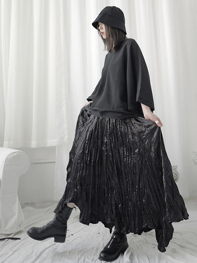 [EAM] черная плиссированная Асимметричная длинная юбка с высокой эластичной