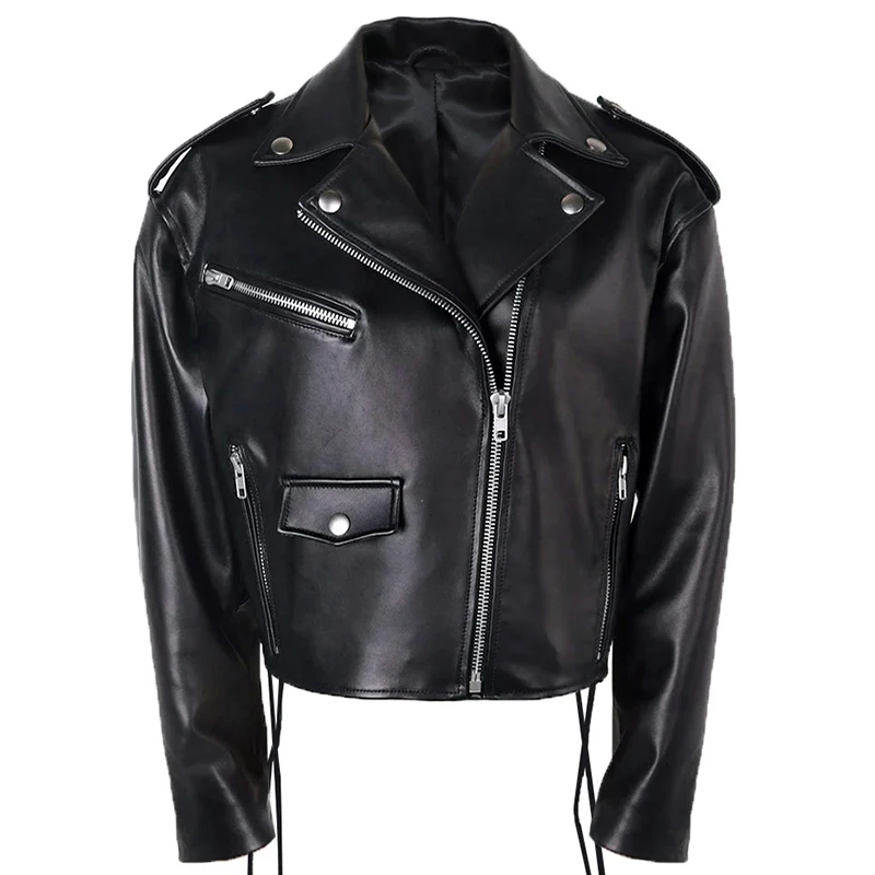 Женская байкерская куртка YOLOAgain черная мотоциклетная оверсайз из натуральной