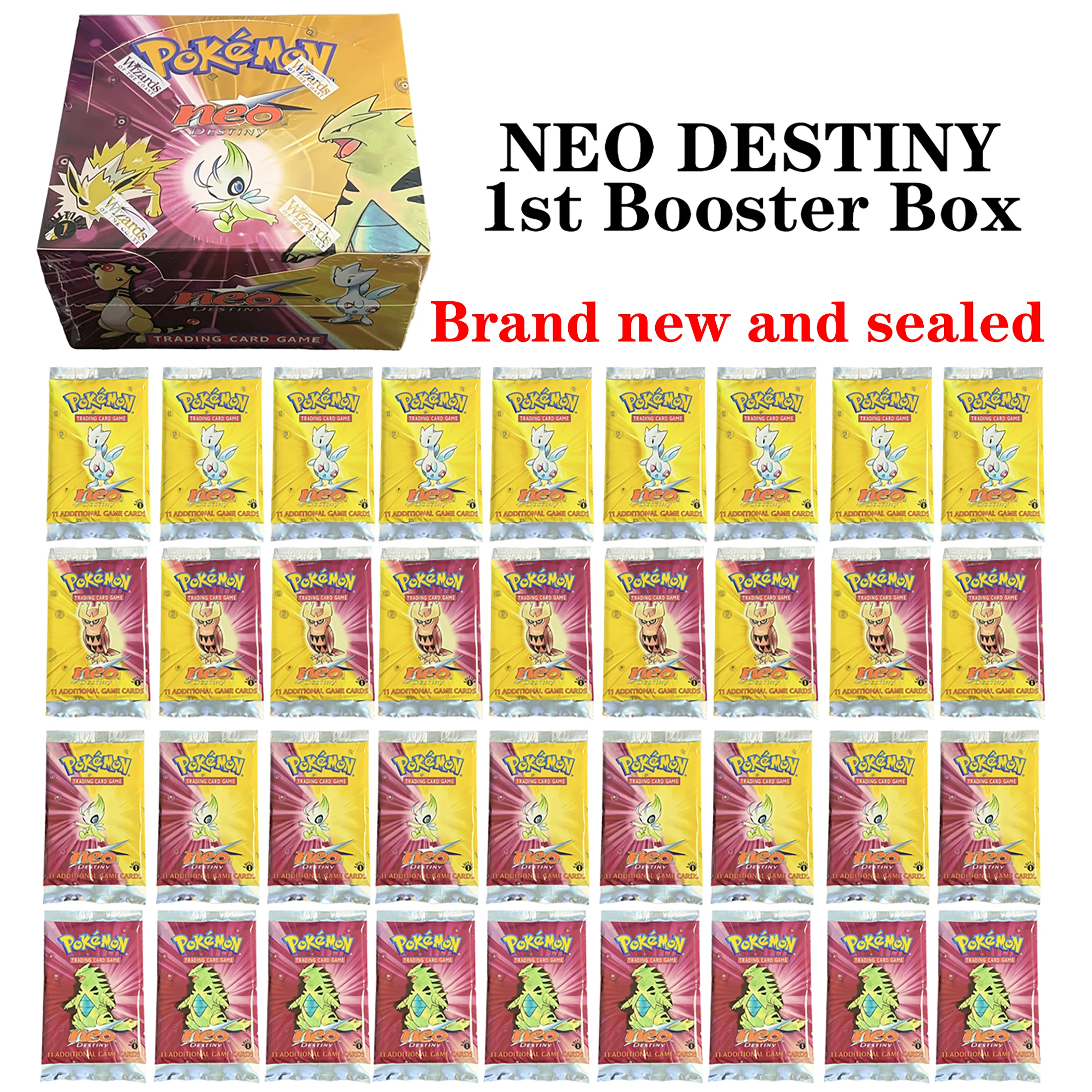 Фото 36 упаковок/коробка PTCG Neo-Destiny BOOSTER Celebi/Tyranitar/Noctowl/Togetic 1-е издание, абсолютно новые запечатанные коллекционные игровые карты PKM №1