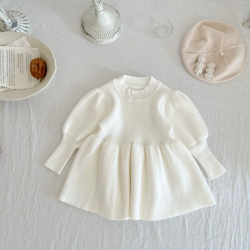 

2023 Baby Clothing Korean Autumn Winter Girls' Knitted Dress Fashion Princess Woolen Sweater Dresses Infant Long Sleeve Frocks