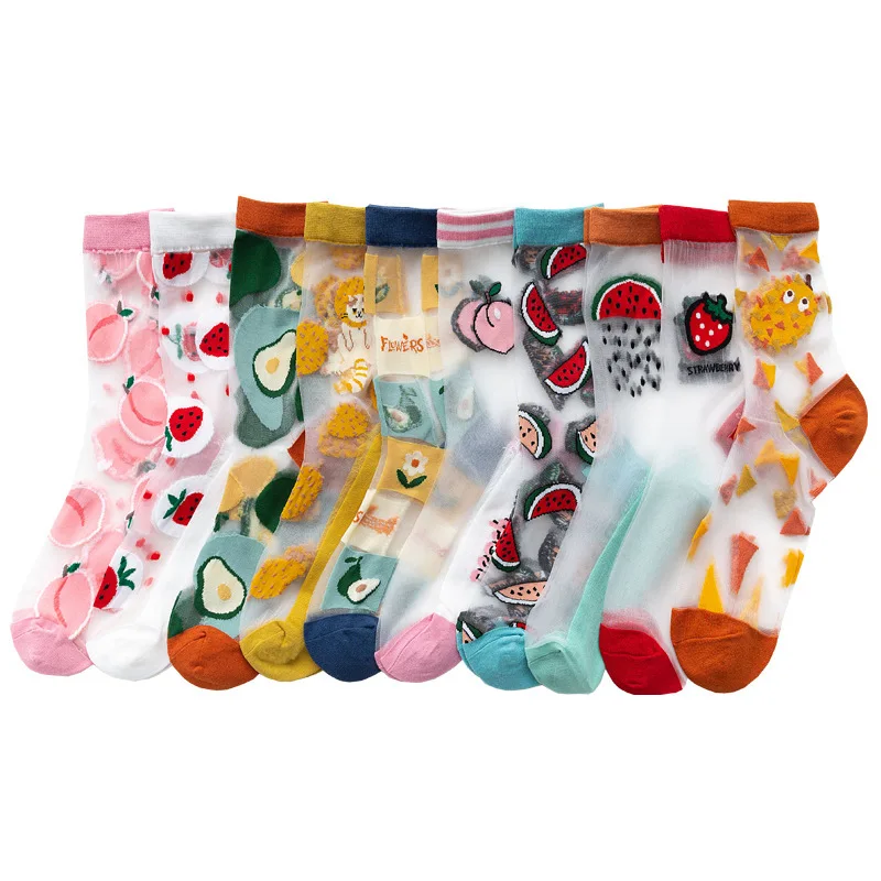 Women students Korea Style Animal Casual Harajuku Transparent Crystal Silk Trend Cartoon Fruit Breathable Glass Silk Socks Meias