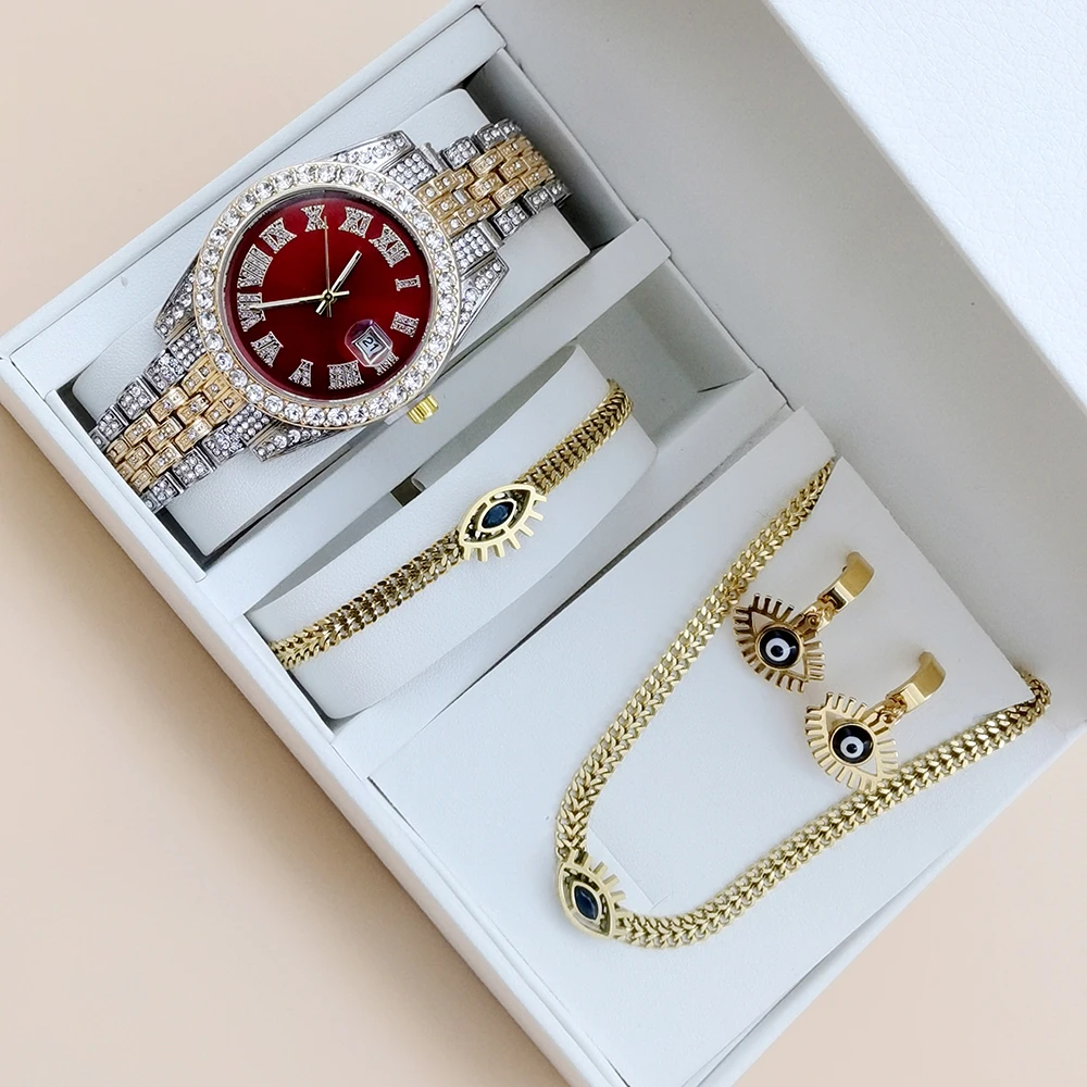 Watch Jewelry Set Women Watches Luxury Rhinestone Bracelet Watches Relogio Feminino With Stainless Steel Geometric Jewelry Suit