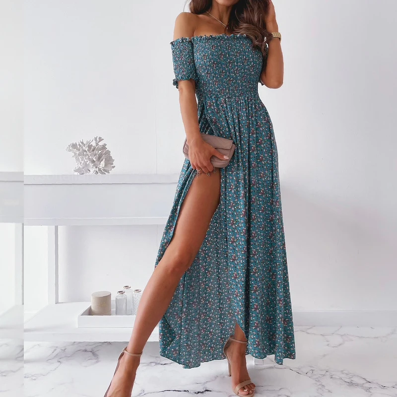 

European and American Pastoral Vacation Style off-Shoulder Elastic Elastic High Waist Tube Top Short Sleeve Dress Floral Split L