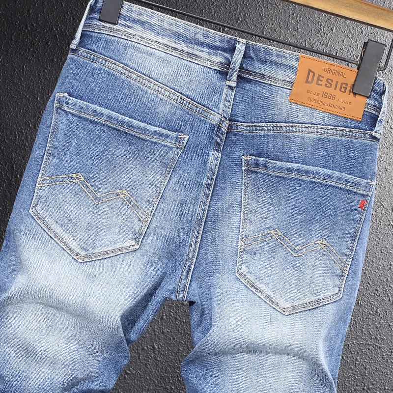 Italian Style Fashion Men Jeans Retro Light Blue Stretch Slim Fit Ripped Jeans Men Vintage Designer Casual Denim Pants Hombre