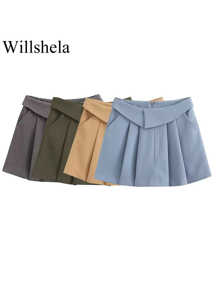 

Willshela Women Fashion Solid Pleated Mini Skirt Vintage High Waist Back Zipper Female Chic Lady Short Skirts