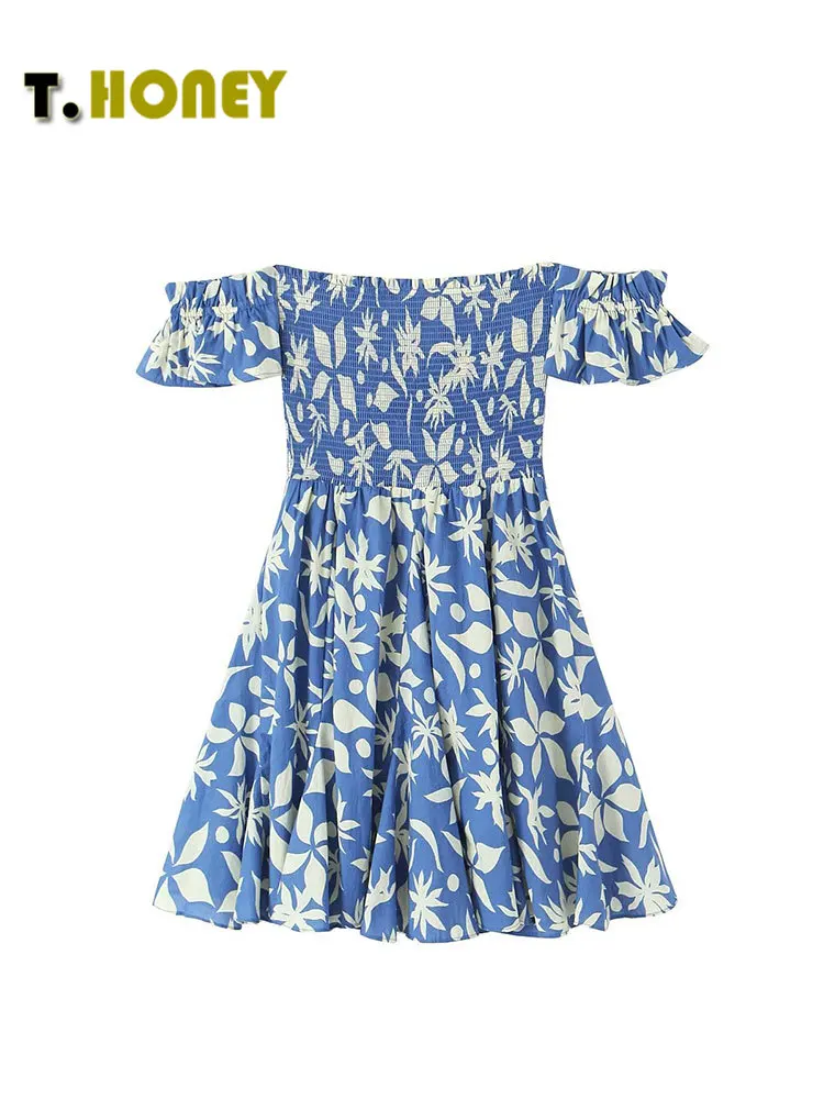 

TELLHONEY Women Fashion Slash Neck Pleats Print Dress Female Casual Short Sleeves High Waist A Line Mini Dresses