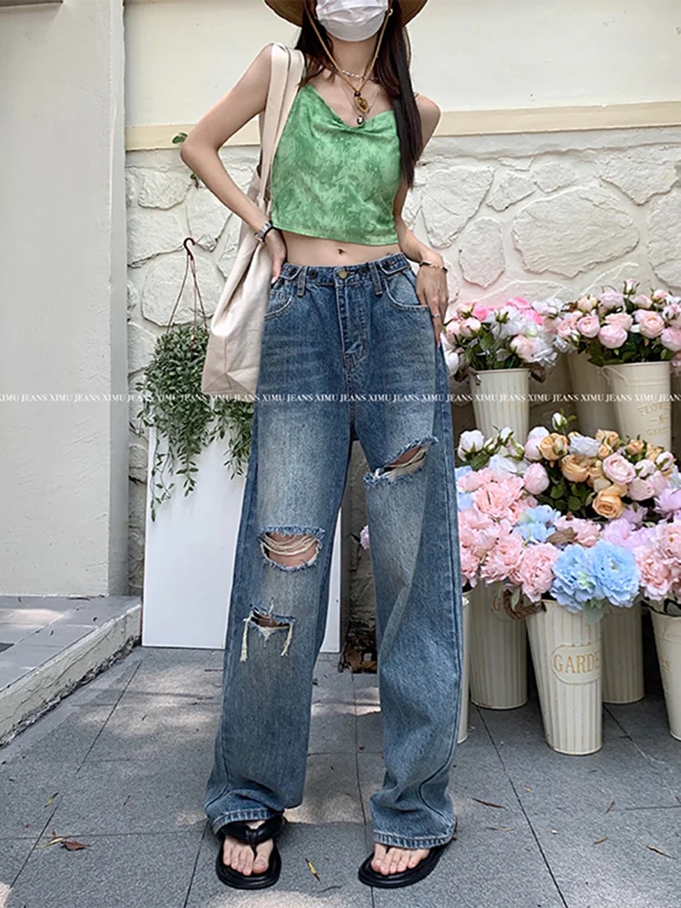 

Solid Denim Ripped Trousers For Women Fashion High Waist Loose Full Length Wide Leg Pant Female 2022 Summer New B768