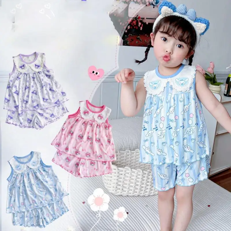 

Kawaii аниме Sanrio Kuromi My Melody Cinnamoroll летняя пижама для девочек Kawaii кукольный воротник без рукавов короткий рукав шорты комплект