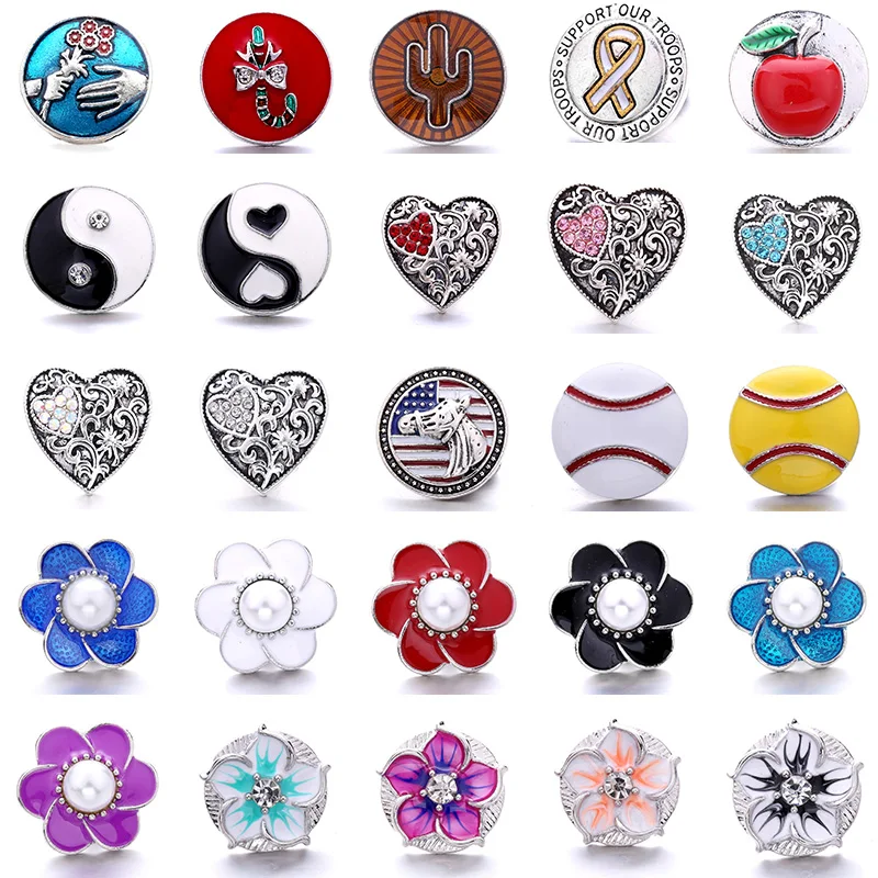 

XH7550 Flower Love Yin and Yang Baseball Crystal gemstone Birthstone 20mm Metal snap button jewelry DIY bracelet