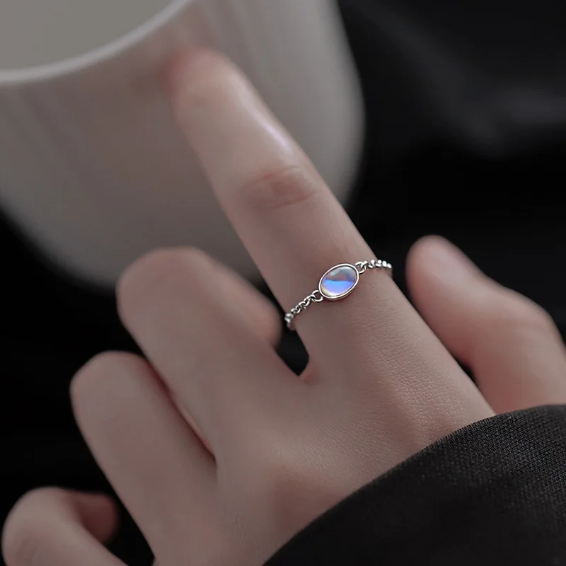 

925 Silver Sterling Natural Moonstone Ring Adjustable Chain Fine Jewelry Engagement Rings For Women Wedding Gift
