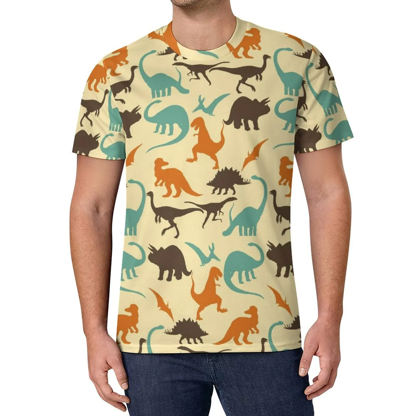 

Футболка с силуэтом динозавров, мужские веселые футболки, летняя Необычная футболка, топы большого размера с графическим рисунком