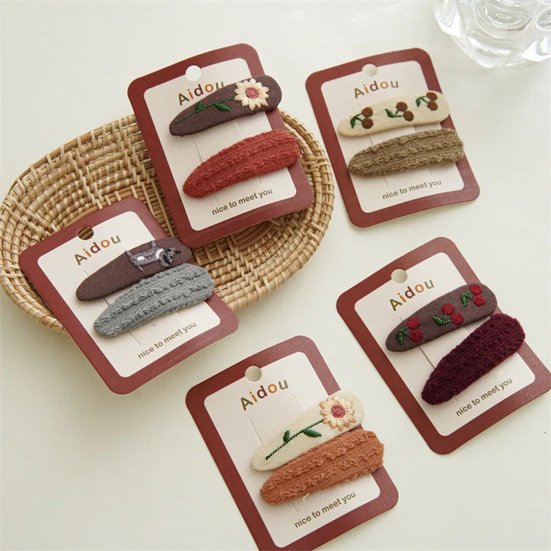 

2PCS Set Cloth Embroidery Flower Cherry Dog Lace Cloth Oval Snap Hair Clips For Girl Cute Exquisite Elegant Hairpin Fashion Gift