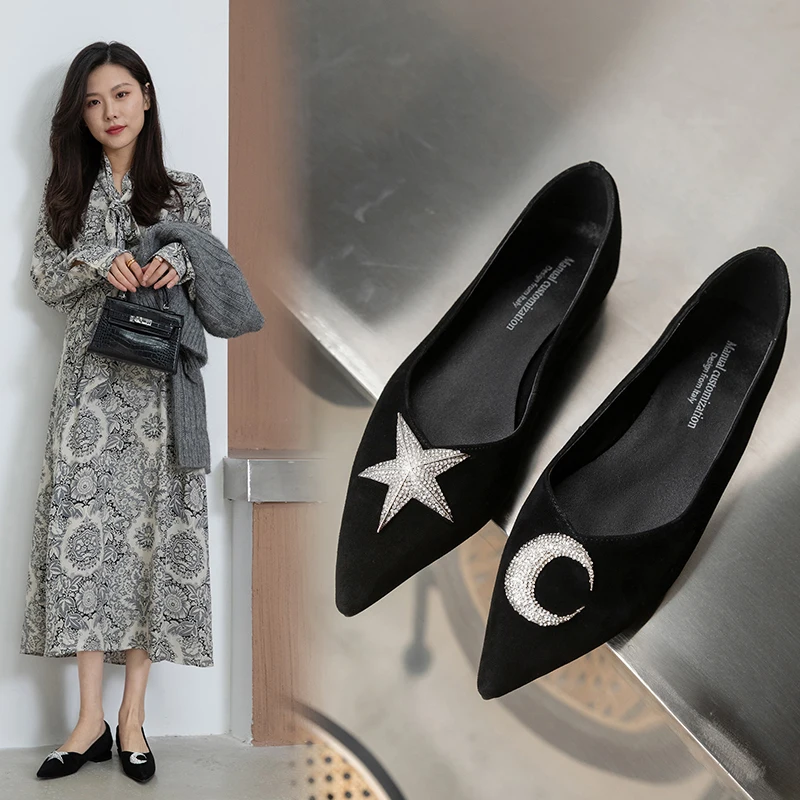 

2022 spring new Women Pumps natural leather 22-24.5 cm length Sheep suede upper sequin pointed toe fashion all-match shoes women