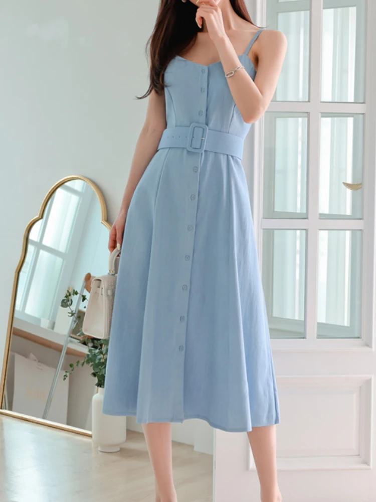 

Women's Summer Strap Elegant Sexy Midi Dress Sleeveless Casual A-Line Party Vestidos Female Fashion Vintage Women Clothes
