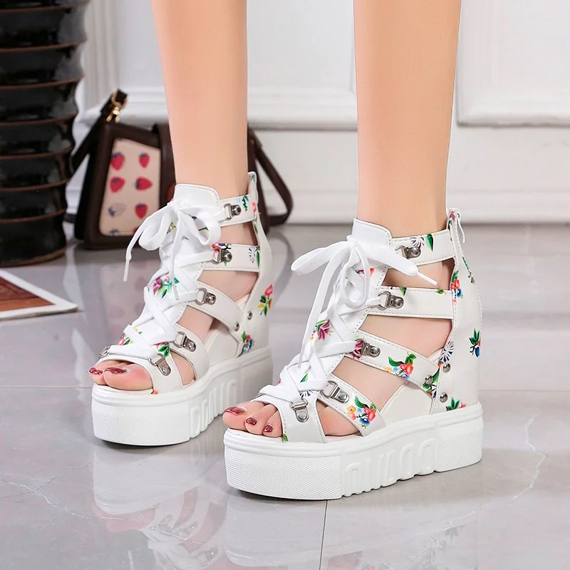 

Fashion Print Leisure Wedge Women Sandals Platform Shoe Lace-Up High Heels Zipper Casual Rome Shoes Women's Sandals 2022 Summer