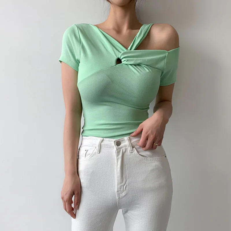 

2021 Summer New Design Sense Twisted Hollow Short-sleeved T-shirt Strapless Tight-fitting Slimming Short Crop Y2k Top Women
