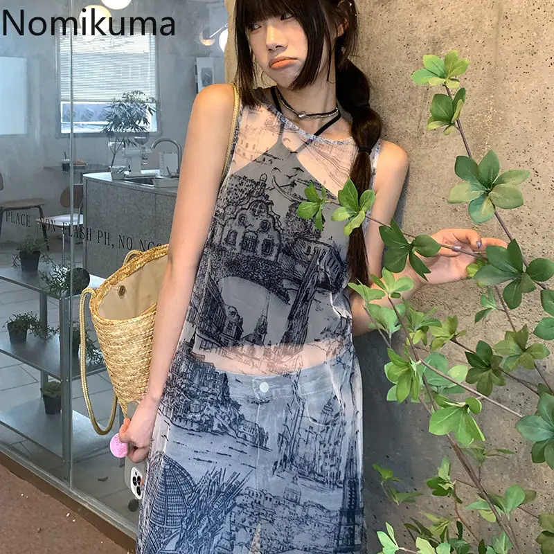 Женская модная пикантная газовая блузка Длинные рубашки без рукавов с принтом Y2k