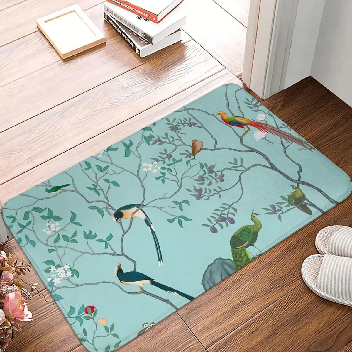 

Art Bathroom Mat Chinoiserie Oriental Blossom Floral Birds Aqua Blue Peacock Botanical Doormat Living Room Carpet Balcony Rug