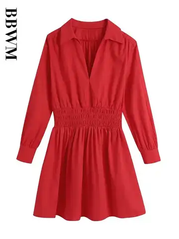 Women Fashion Red Poplin Mini Dress 2023 Spring Turn-down Collar Vintage Long Sleeve Elastic Waist Chic A-Line Dresses Vestidos