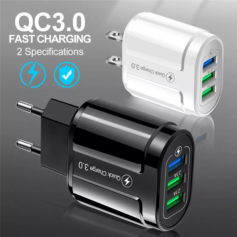 

Quick Charger QC3.0 Portable 3 Fast Charging Ports Traval Wall Charger Mobile Phone Adapter EU Plug Charger for Iphone 12