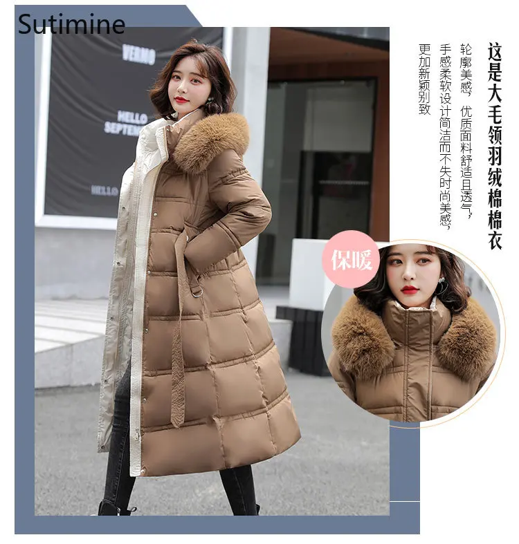 Winter Coat Women Office Lady Adjustable Waist Women Coat with Large Fur Collar and Slim Down Cotton Padded Jacket Coat Women