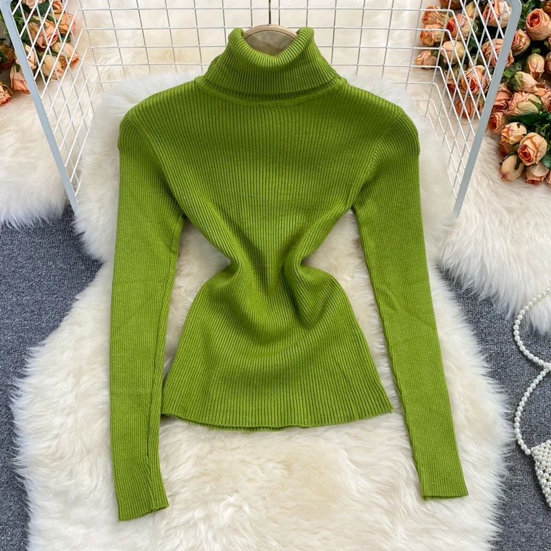 

Women Elastic Knit Chic High Collar Sexy Blouse Korean Fashion Slim Sweater Women Casual Autumn Winter Crop Top