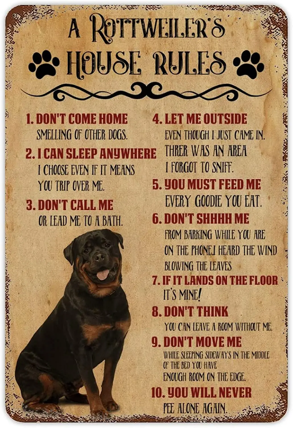 

Забавные металлические жестяные знаки Правила Дома роттвейлера, забавный горизонтальный постер для любителей собак роттвейлера на день рождения, Рождество,