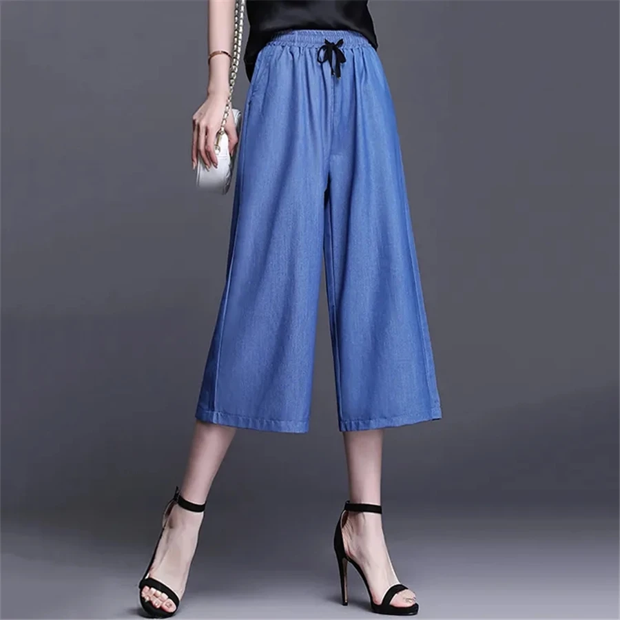 Blue Thin Oversize 5xl Baggy Jeans Denim Trousers Women Capris Elastic High Waist Wide Leg Pants Casual Vaqueros Korean Pantalon