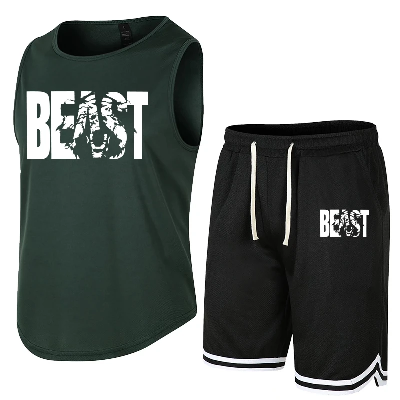 2 Pcs/Set  Set BEAST Men's Suits Running Shirts/Vests+Sports Shorts Jogging Mens Sportswear Suit Soccer Running Fitness Gym Sets